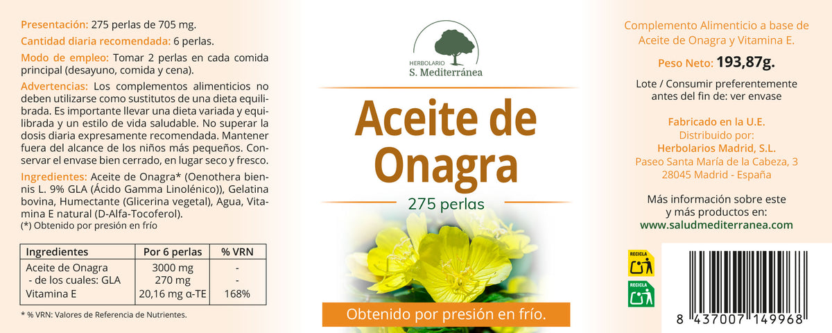 Etiqueta Aceite de Onagra, 275 perlas | Salud Mediterránea