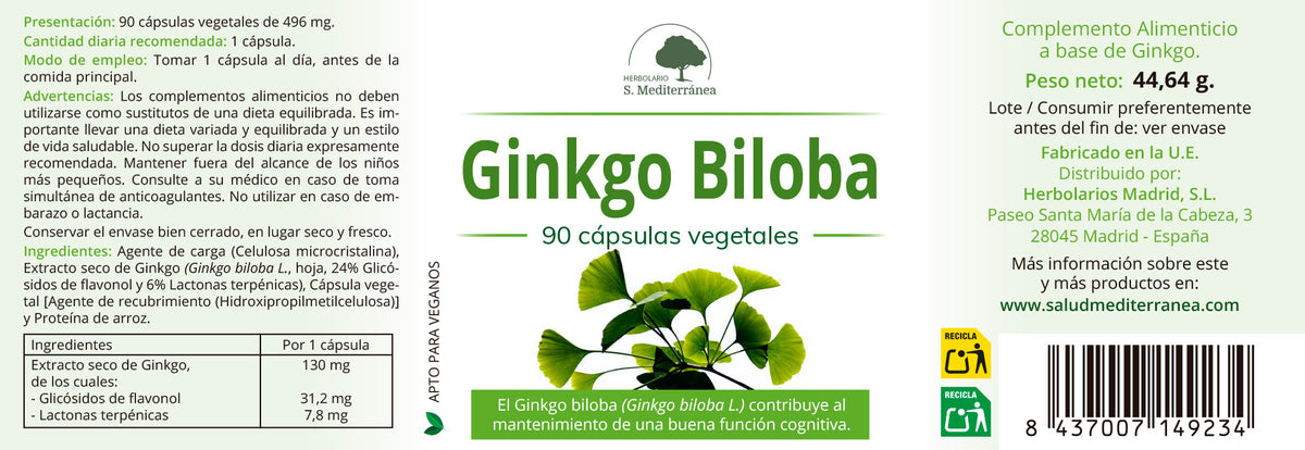 Etiqueta Ginkgo Biloba, 90 cápsulas vegetales | Salud Mediterránea