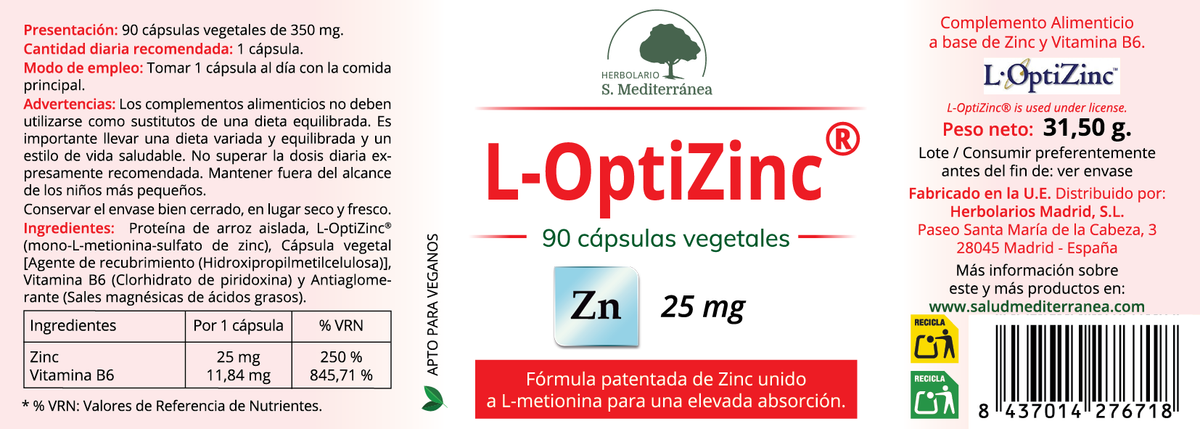Etiqueta L-Optizinc, 90 cápsulas vegetales | Salud Mediterránea