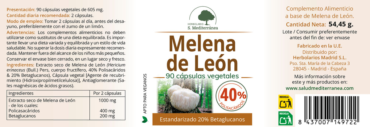 Etiqueta Melena de León, 90 cápsulas vegetales | Salud Mediterránea