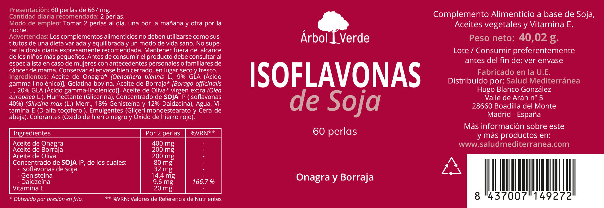 Etiqueta de Isoflavonas de Soja Árbol Verde, Herbolario Salud Mediterránea