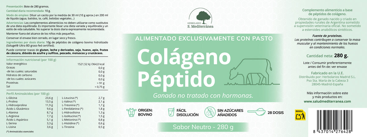 Colageno Peptido Sabor Neutro - 280 g. Herbolario S. Mediterránea