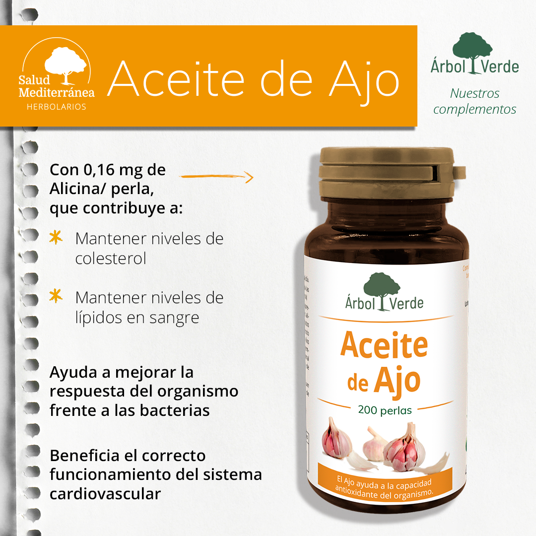 Etiqueta Aceite de Ajo - 200 Perlas. Árbol Verde. Herbolario Salud Mediterránea