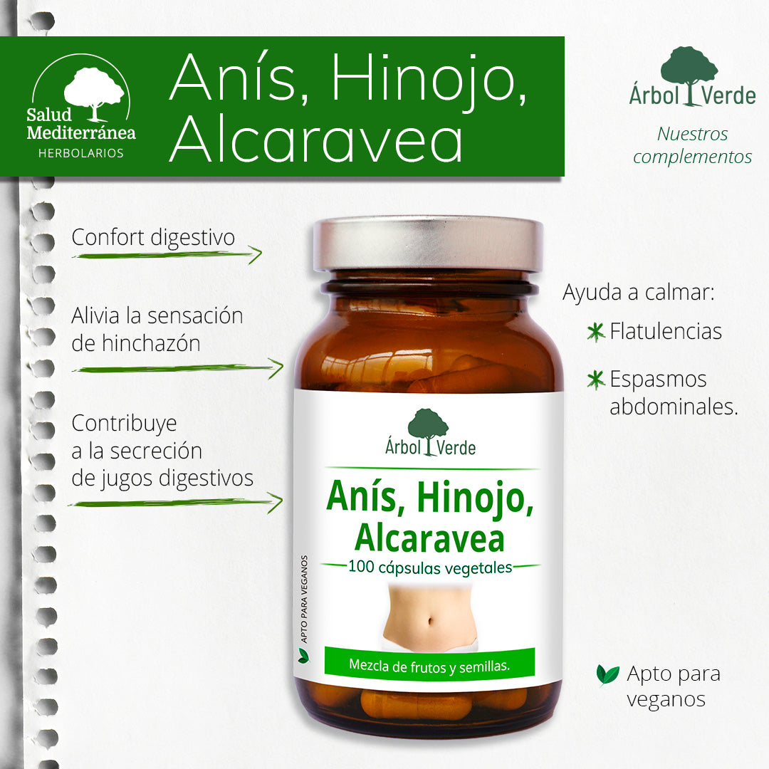Monografico Anís, Hinojo & Alcaravea Estandarizado - 100 Cápsulas. Árbol Verde. Herbolario Salud Mediterráne