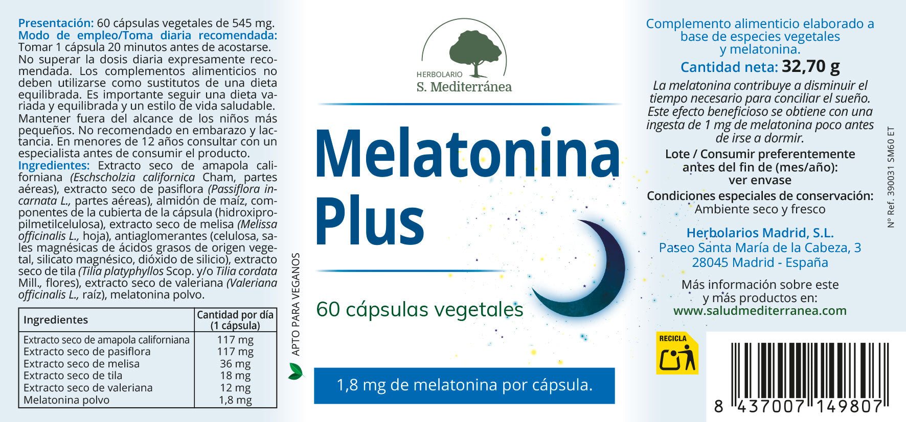 Melatonina Plus - 60 Capsulas. Herbolario S. Mediterránea
