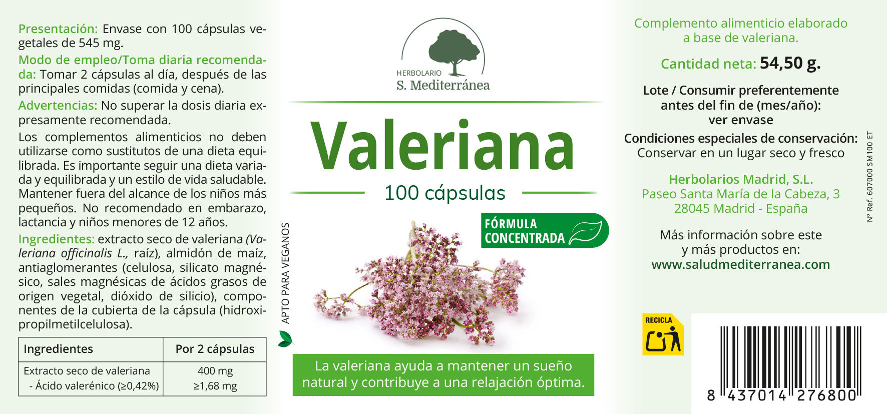 Valeriana - 100 Cápsulas. Herbolario S. Mediterránea