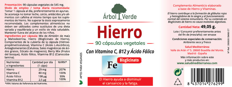 Etiqueta Hierro - 90 Cápsulas. Árbol Verde. Herbolario Salud Mediterránea