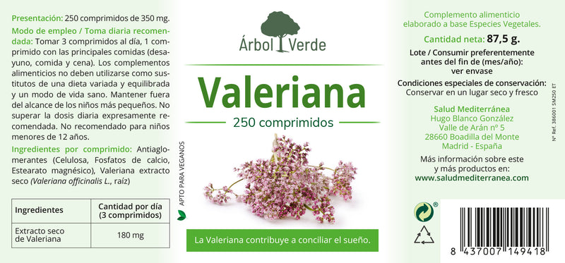 Etiqueta Valeriana - 250 Comprimidos. Árbol Verde. Herbolario Salud Mediterránea