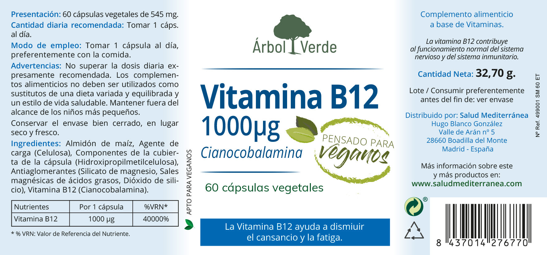 Etiqueta Vitamina B12 1000 mcg- 60 Cápsulas. Árbol Verde. Herbolario Salud Mediterránea
