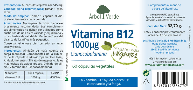 Etiqueta Vitamina B12 1000 mcg- 60 Cápsulas. Árbol Verde. Herbolario Salud Mediterránea
