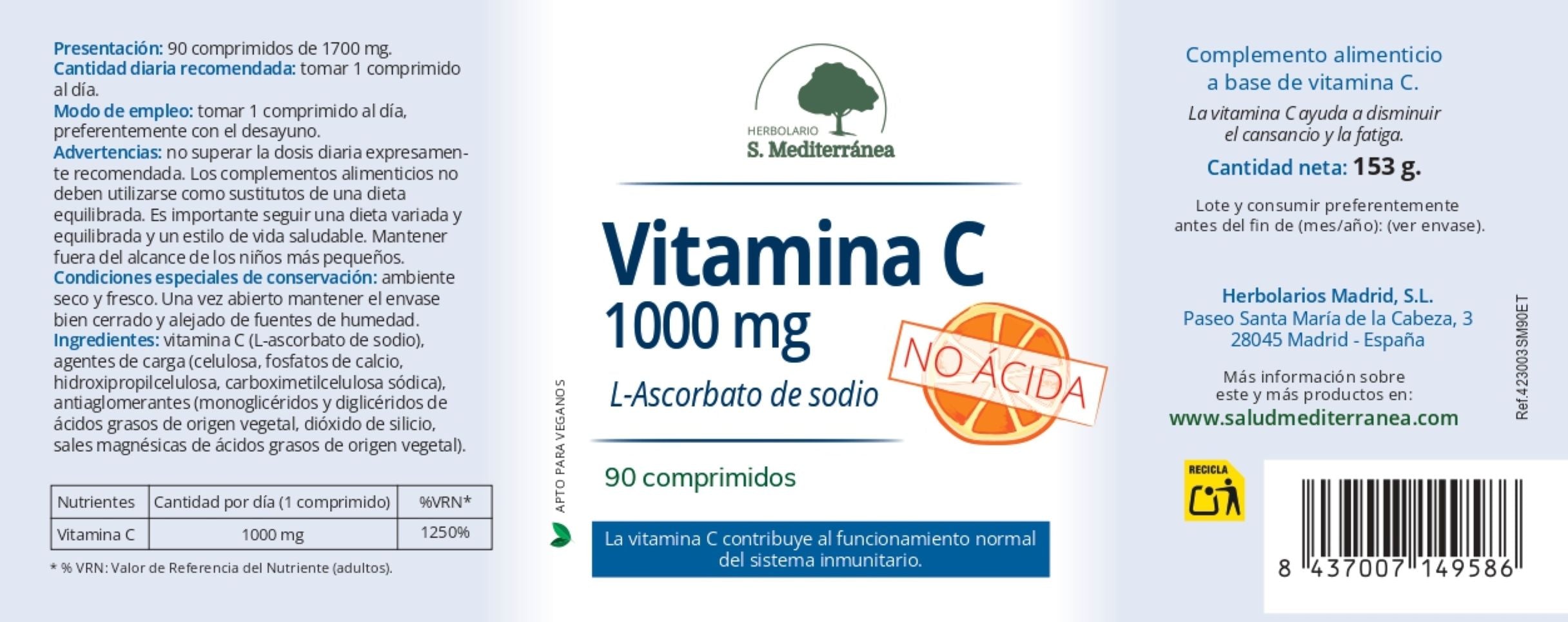 Vitamina C 1000 Não Ácida - 90 Comprimidos. Árvore Verde