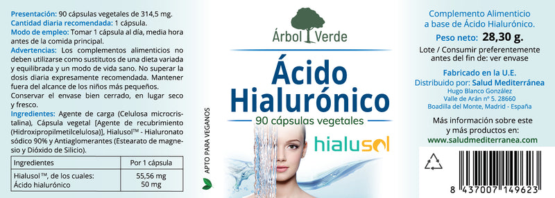 Etiqueta Acido Hialuronico HialusolTM - 90 Capsulas. Arbol Verde. Herbolario Salud Mediterranea