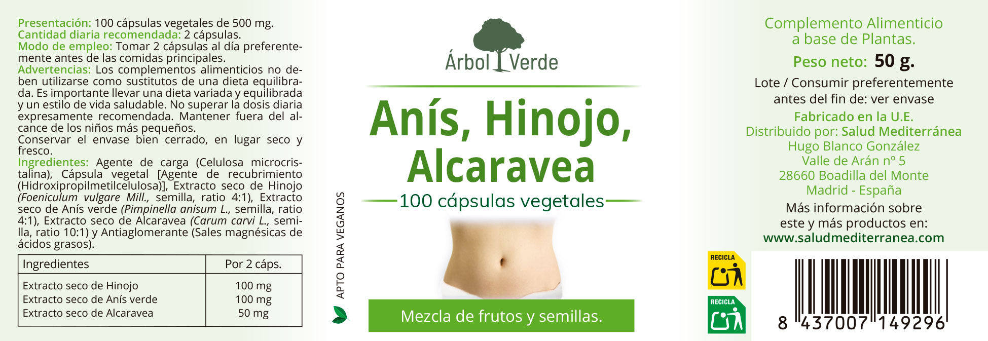 Anis, Funcho e Alcaravia Padronizado - 100 Cápsulas. Árbol Verde