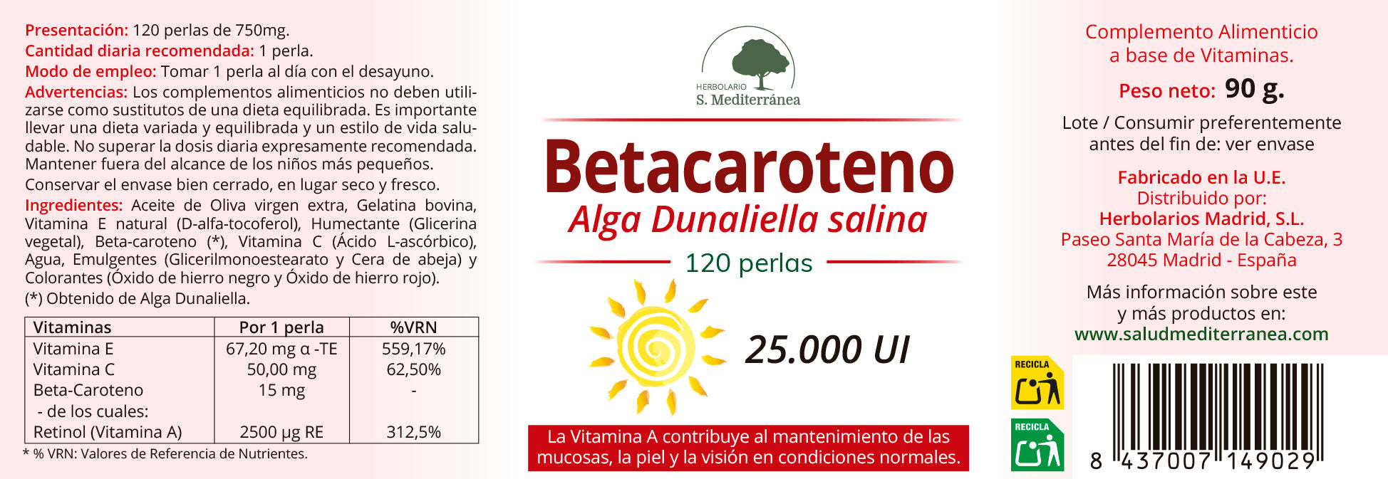 Betacaroteno de Alga Dunaliella salina - 120 Perlas. Herbolario S. Mediterránea