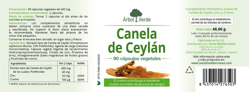 Etiqueta Canela de Ceylán - 90 Capsulas. Árbol Verde. Herbolario Salud Mediterranea
