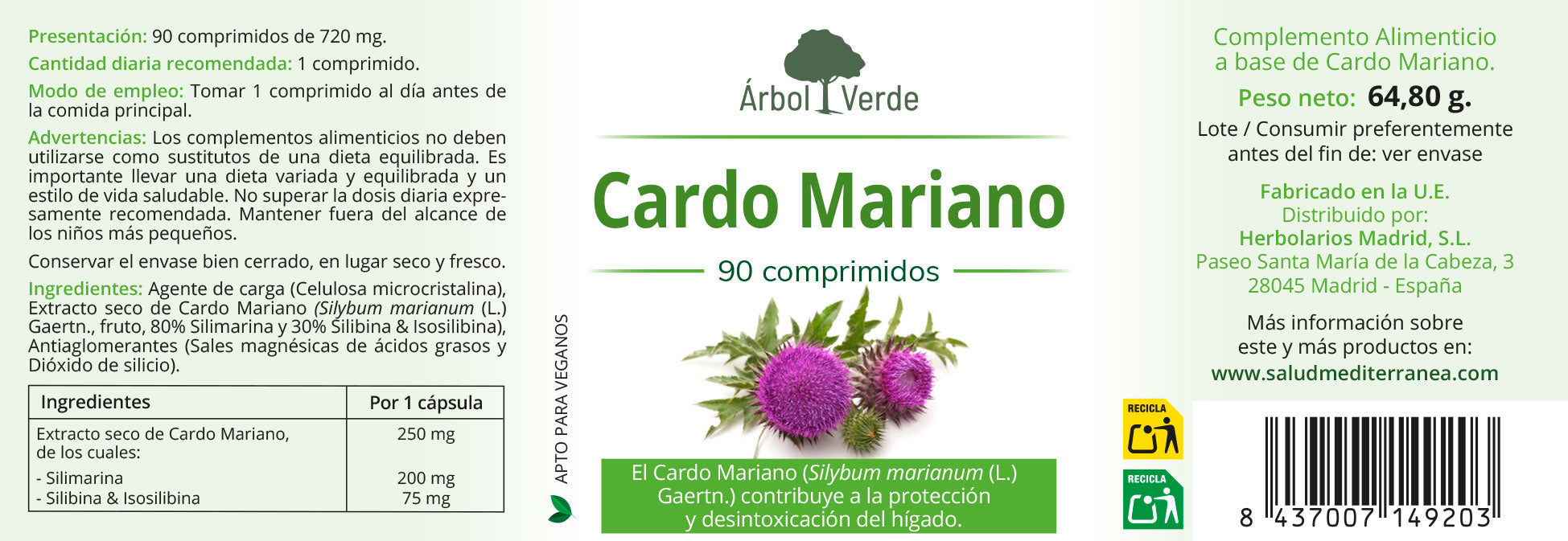 Cardo Mariano - 90 Comprimidos. Árbol Verde