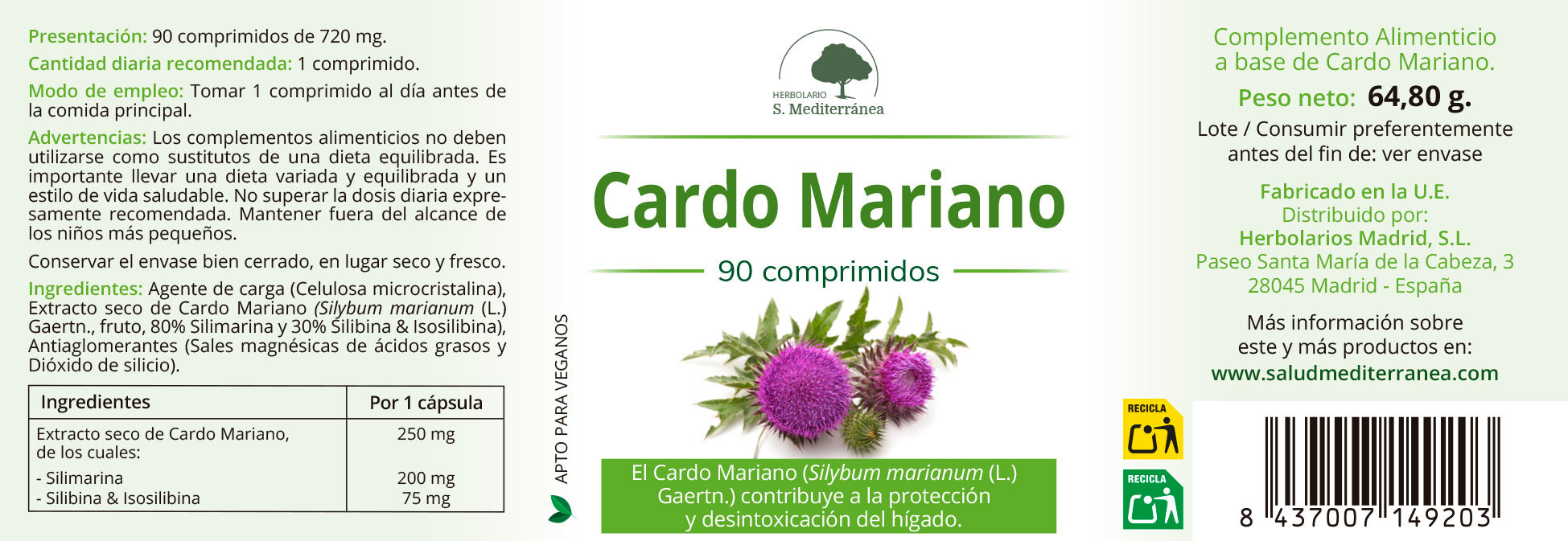 Milk Thistle - 90 Tablets. Herbolario S. Mediterránea