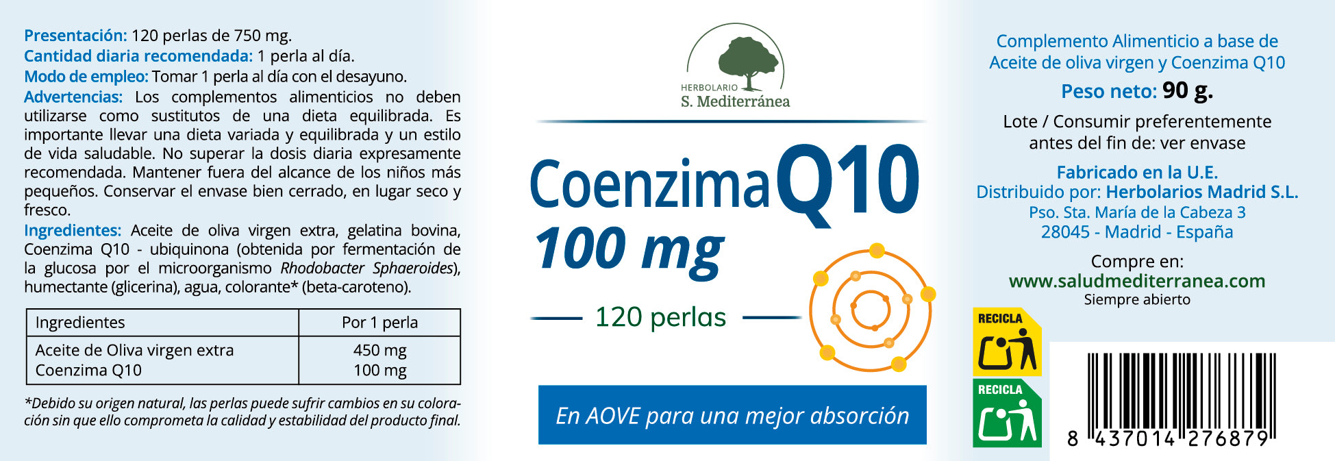 Coenzima Q10 100mg, con AOVE - 120 Perlas. Herbolario S. Mediterránea