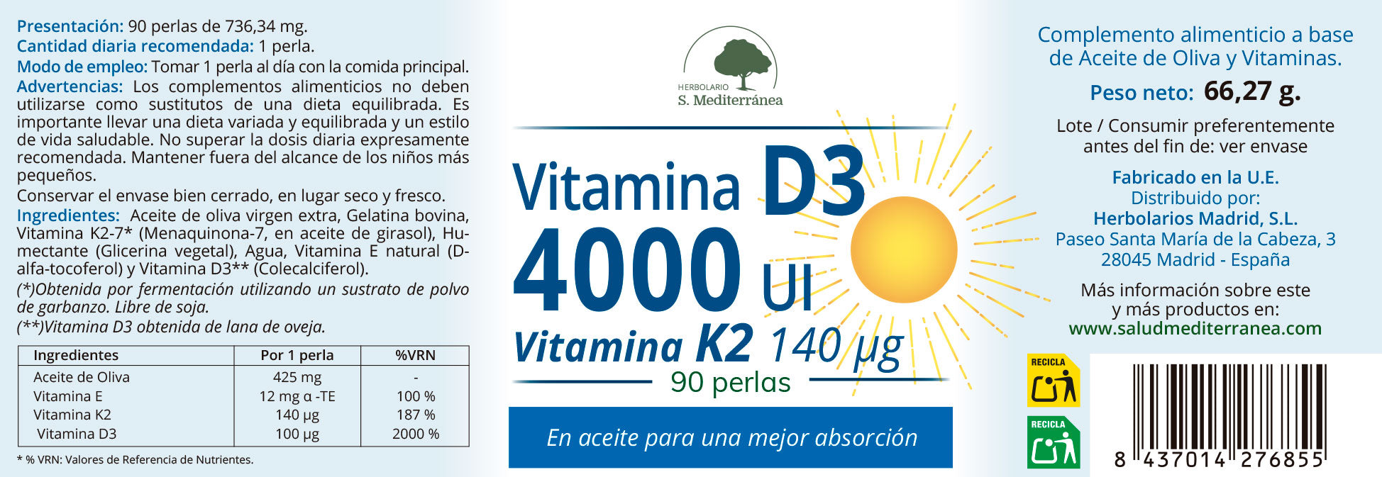Vitamina D3 4000 UI + K2 - 90 Perlas. Herbolario S. Mediterránea