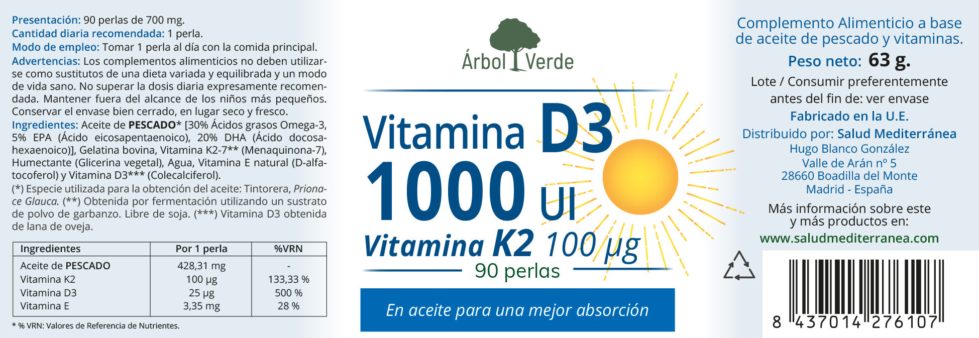 Etiqueta Vitaminas D3 y K2 Árbol Verde. Herbolarios Salud Mediterránea