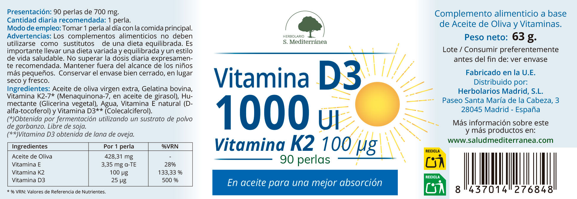 Vitamina D3 1000 UI + K2 - 90 Perlas. Herbolario S. Mediterránea