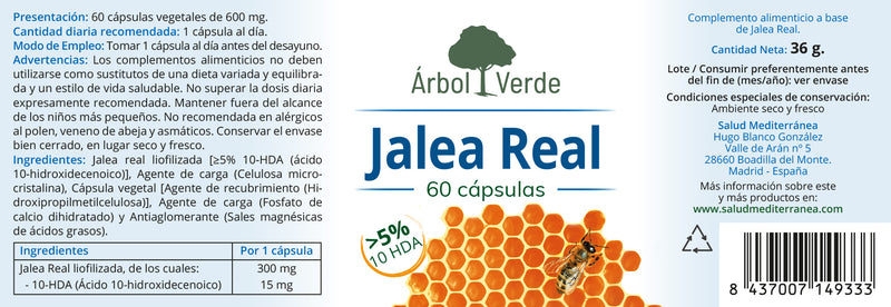 Etiqueta Jalea Real - 60 Cápsulas. Árbol Verde. Herbolario Salud Mediterranea