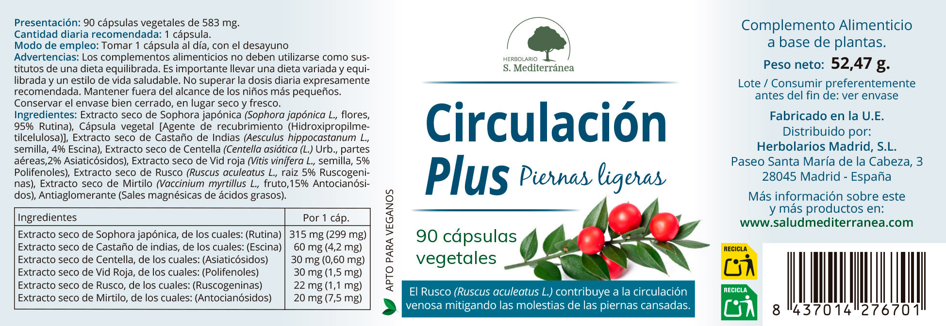 Circulation Plus - 90 Cápsulas. Loja de Ervas Mediterrânicas