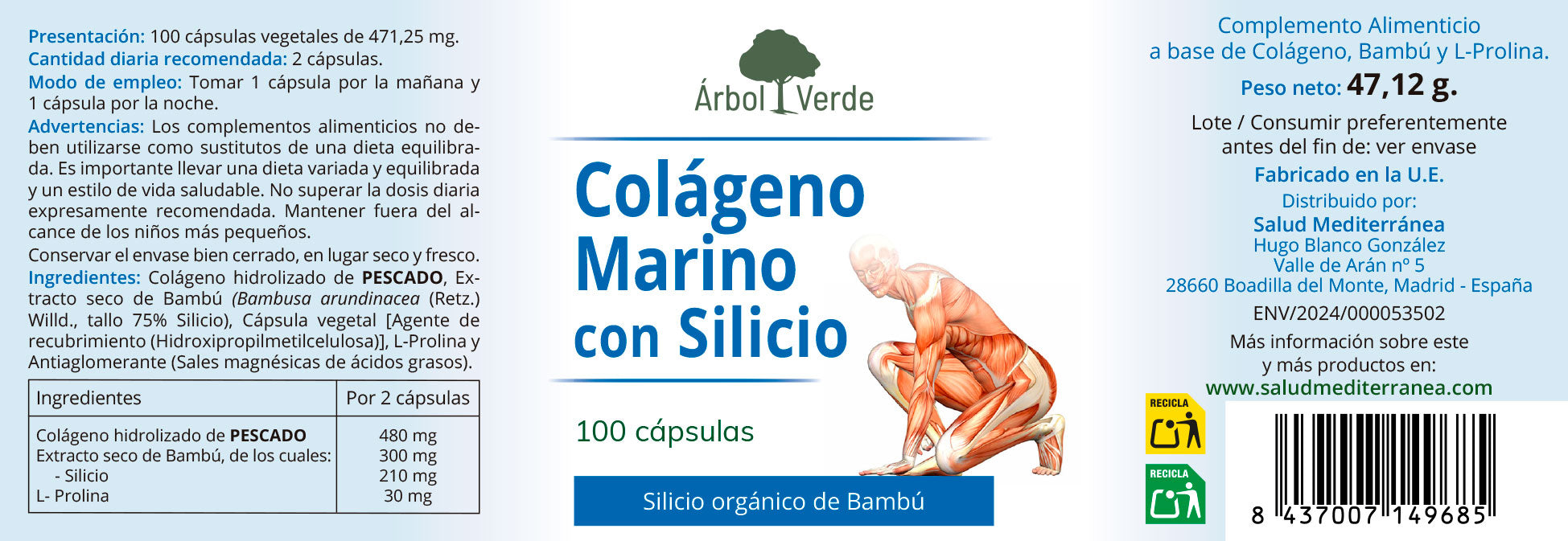 Colageno Marino con Silicio - 100 Capsulas. Herbolario S. Mediterránea