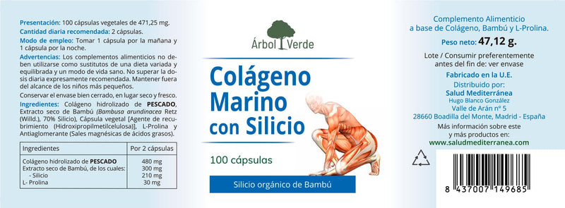 Etiqueta Colágeno Marino con Silicio - 100 Cápsulas. Árbol Verde. Herbolario Salud Mediterránea