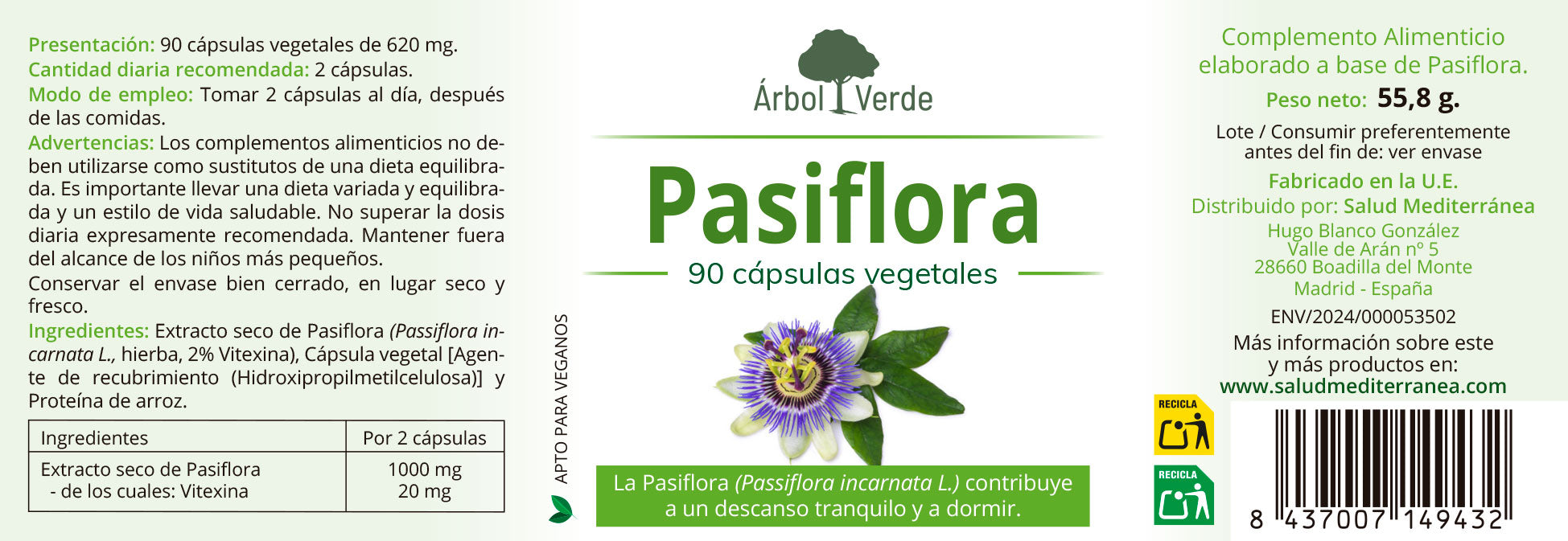 Pasiflora - 90 Capsulas Vegetales. Herbolario S. Mediterránea