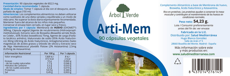 Etiqueta Arti-Mem - 90 Cápsulas. Árbol Verde, Herbolario Salud Mediterranea