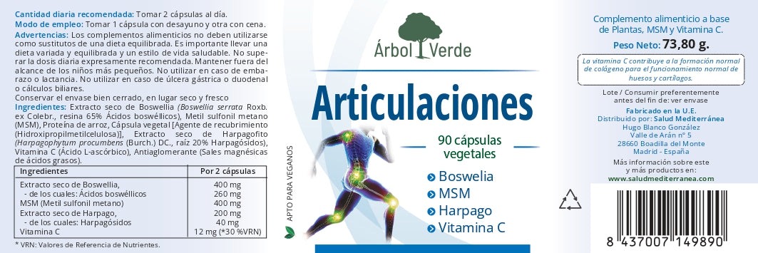 Etiqueta Articulaciones - 90 Capsulas. Arbol Verde. Herbolario Salud Mediterranea