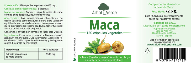 Etiqueta Maca - 120 Cápsulas. Árbol Verde. Herbolario Salud Mediterranea