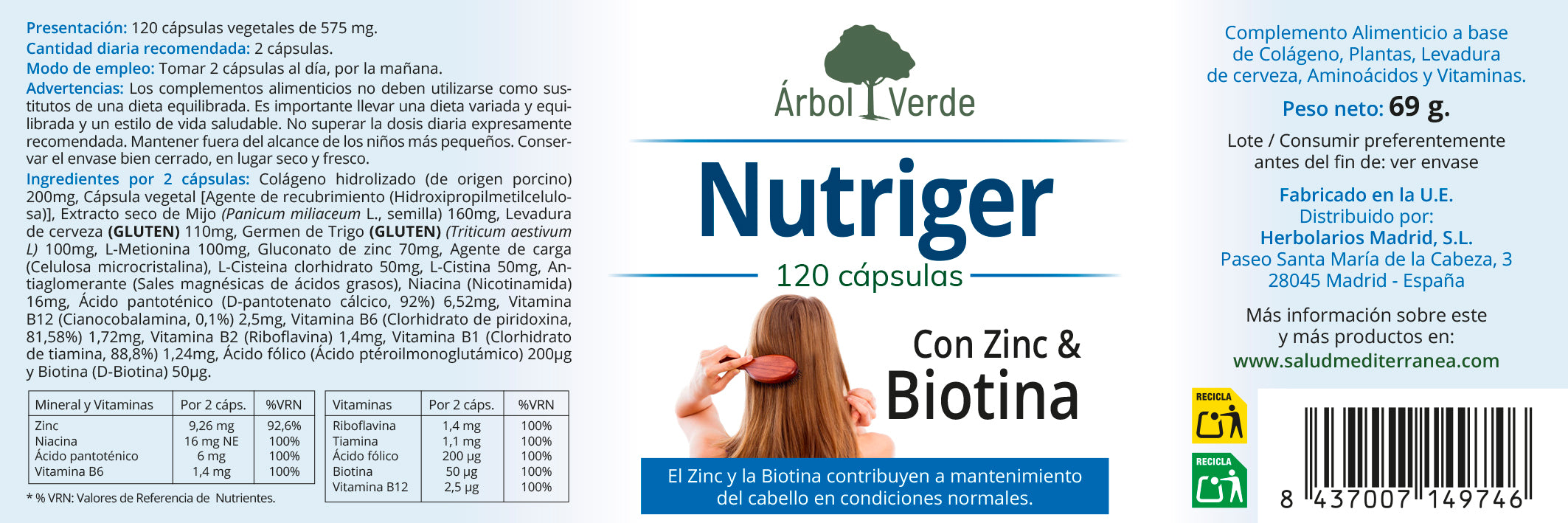 Nutriger (com biotina e zinco) - 120 cápsulas. Árbol Verde