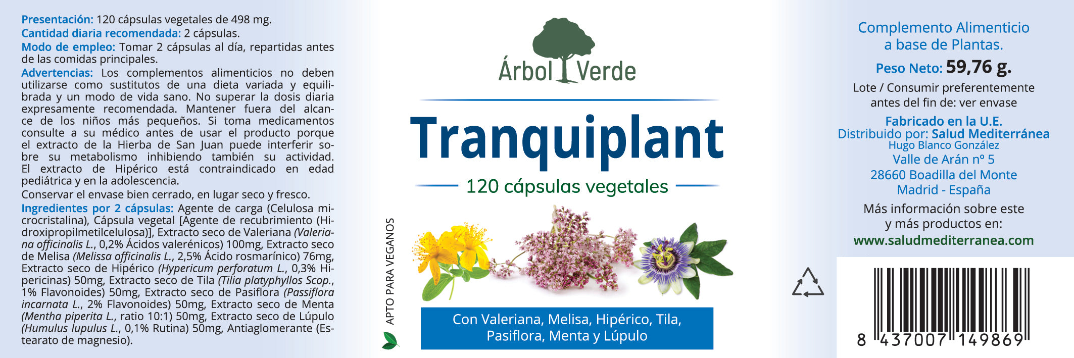 Etiqueta Tranquiplant - 120 Cápsulas. Árbol Verde. Herbolario Salud Mediterránea