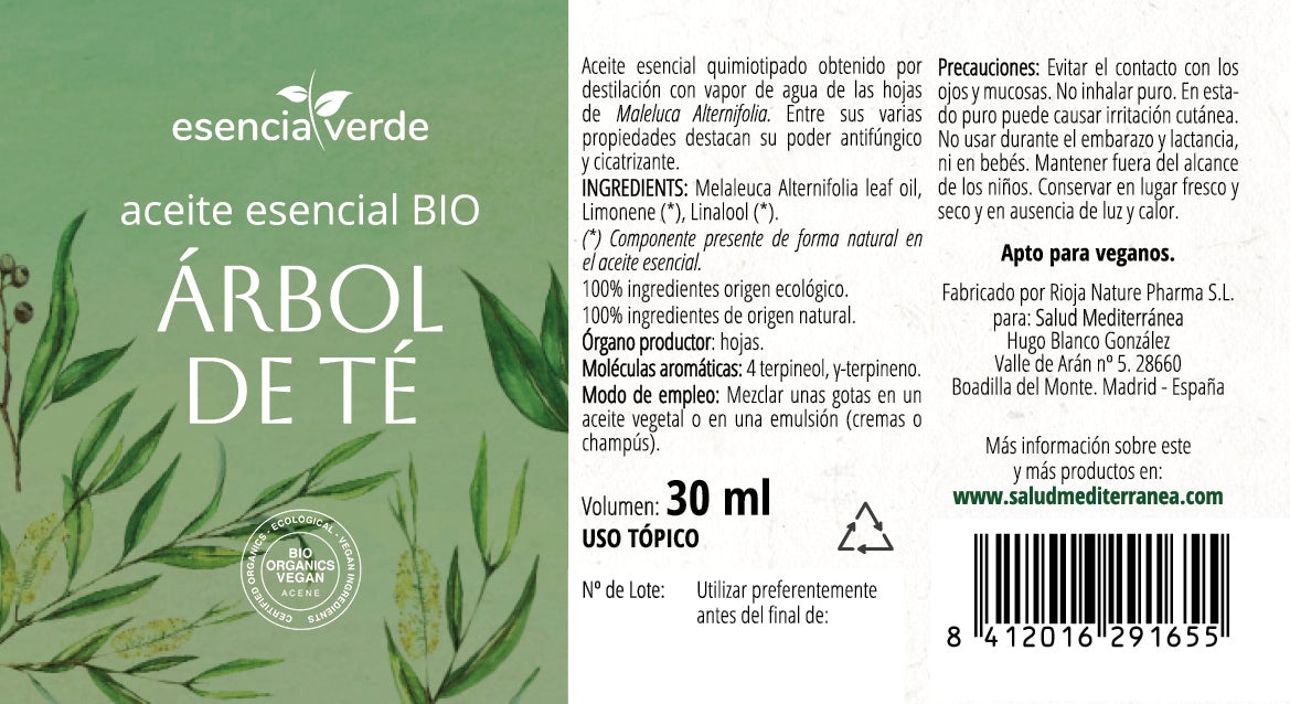 Etiqueta Aceite Esencial de Árbol del Té Ecológico - 30 ml. Esencia Verde. Herbolario Salud Mediterranea