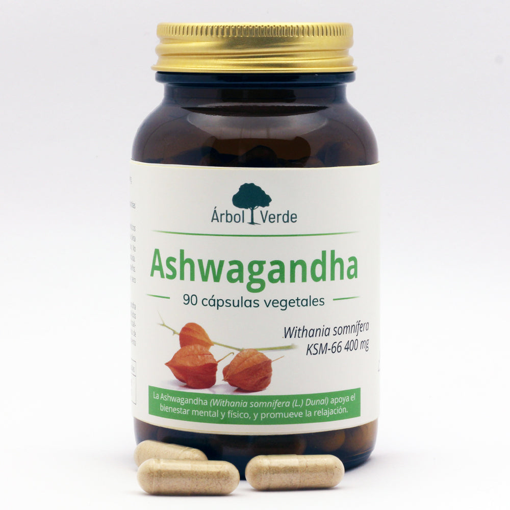 Bote con perla Ashwagandha - 90 Cápsulas Vegetales. Árbol Verde. Herbolario Salud Mediterranea