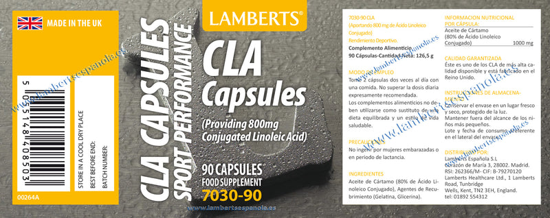 Etiqueta CLA 800 mg - 90 Cápsulas. Lamberts. Herbolario Salud Mediterránea