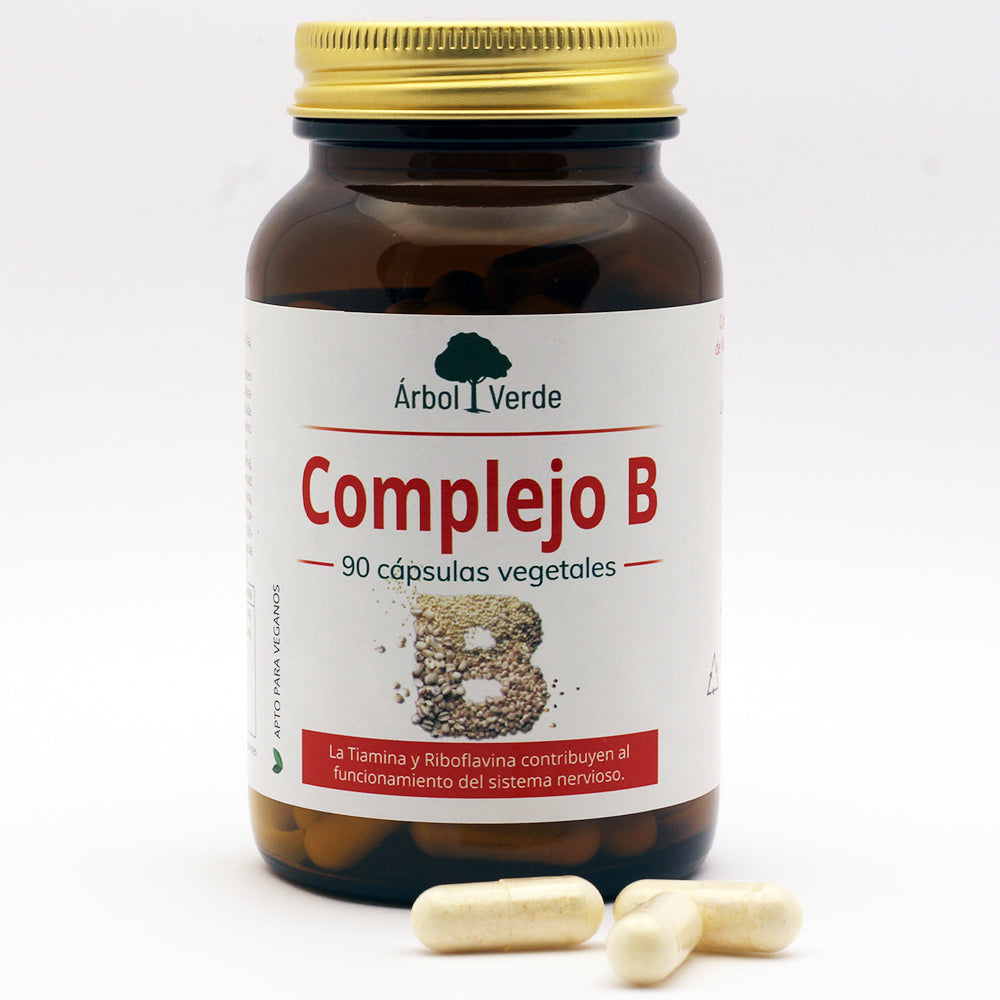 Bote y capsulas de Complejo B - 90 Cápsulas Vegetales. Árbol Verde. Herbolario Salud Mediterranea