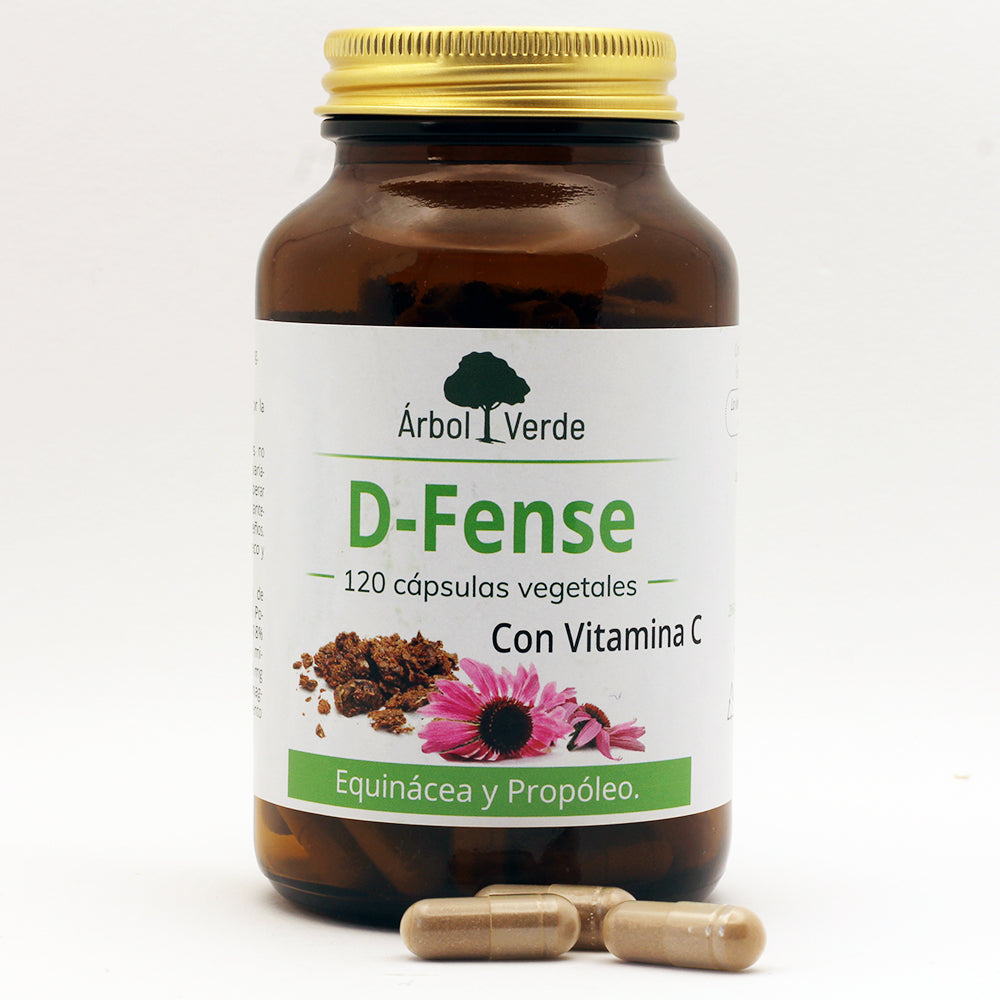 Bote con cápsulas de D-FENSE  (Echinácea, Propóleo y Vitamina C) - 120 Cápsulas. Árbol Verde. Herbolario Salud Mediterranea