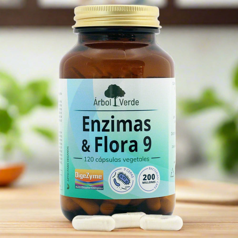 Bote y capsulas de Enzimas & Flora 9 - 120 Cápsulas. Árbol Verde. Herbolario Salud Mediterránea