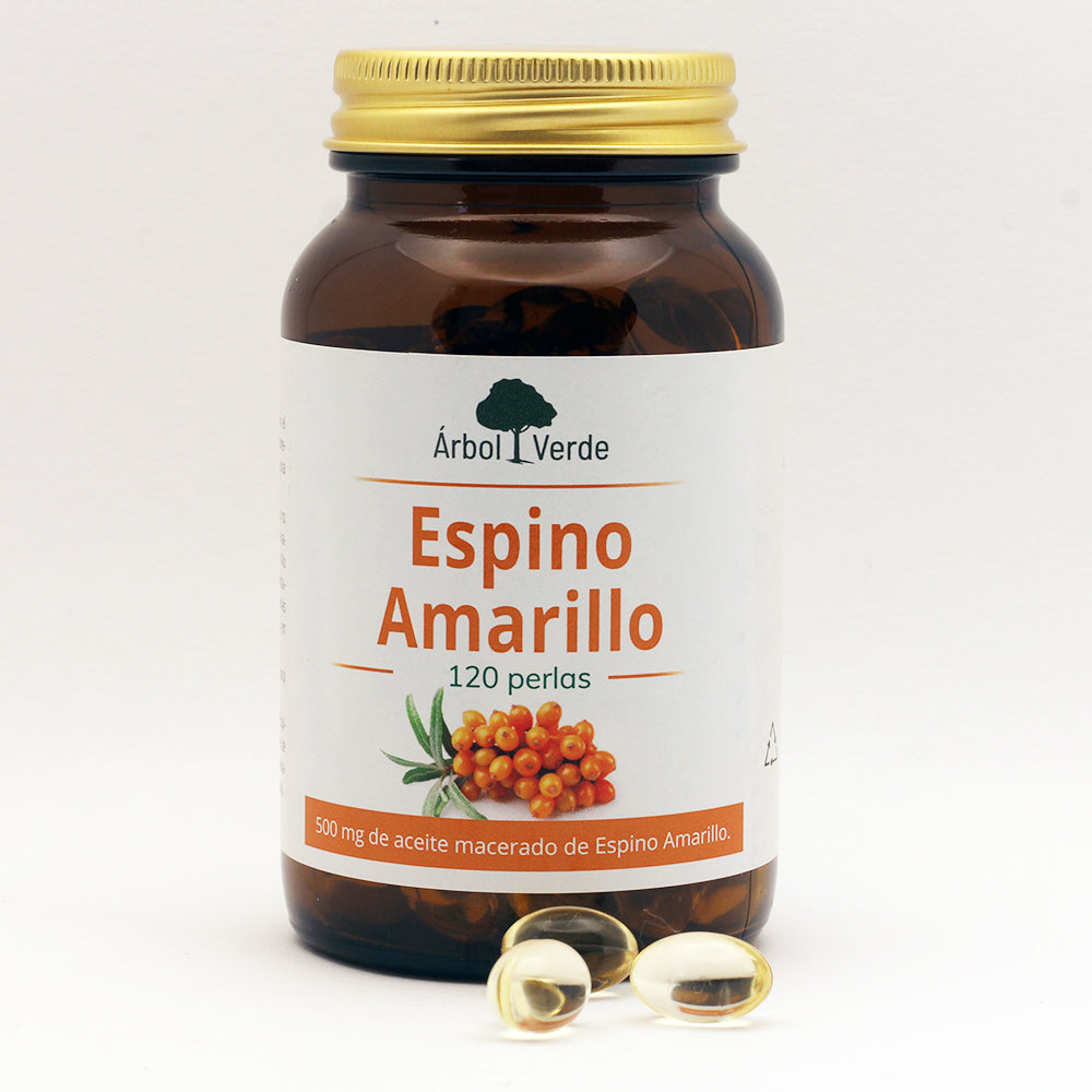 Bote con perlas de Espino Amarillo - 120 Perlas. Árbol Verde. Herbolario Salud Mediterranea