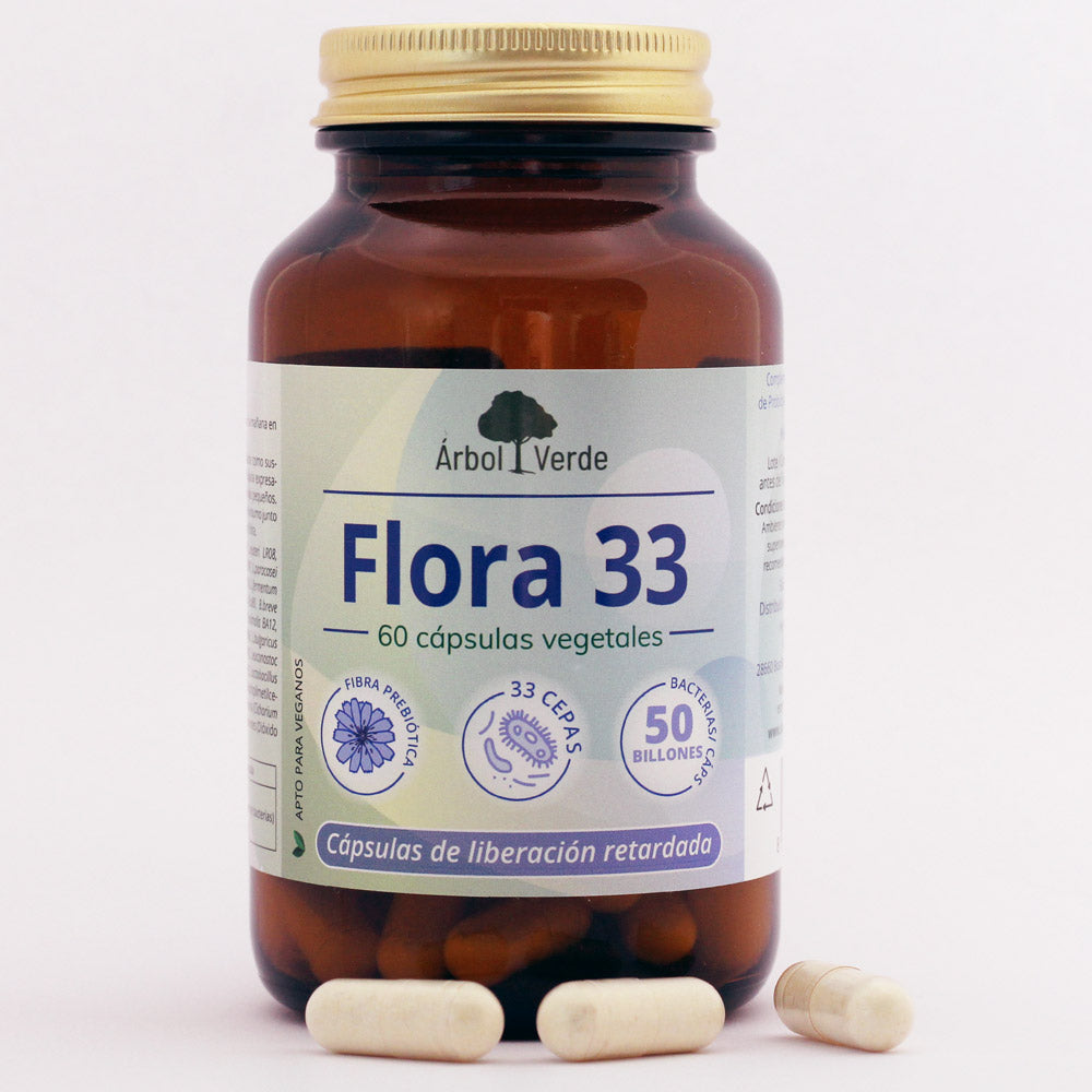 Bote y capsulas de Etiqueta Flora 33 - 60 Cápsulas. Árbol Verde. Herbolario Salud Mediterránea