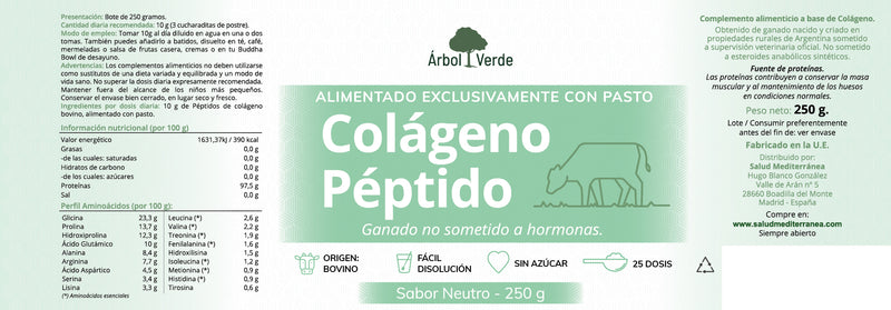 Etiqueta Colágeno Péptido Sabor neutro - 250 g. Árbol Verde. Herbolario Salud Mediterranea