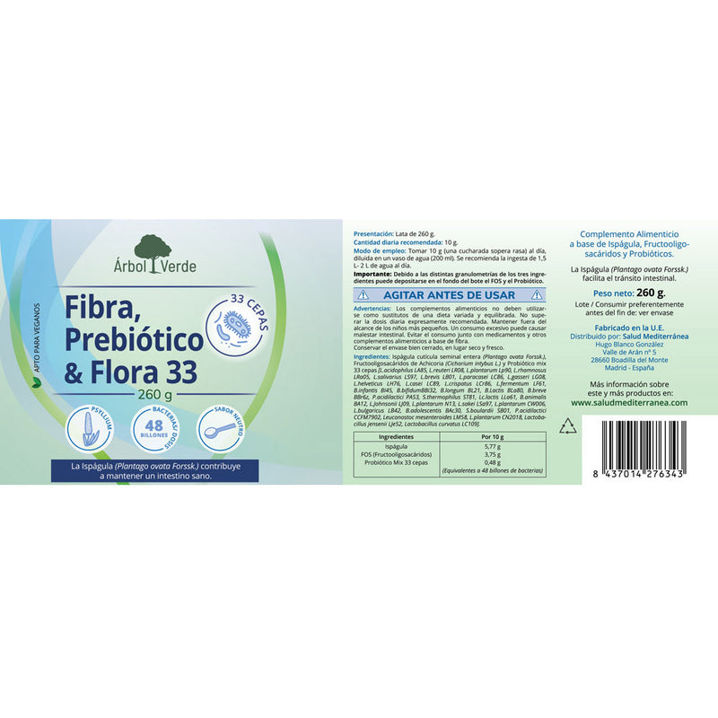Etiqueta Fibra + Prebiótico & Flora 33 - 260g. Árbol Verde. Herbolario Salud Mediterránea