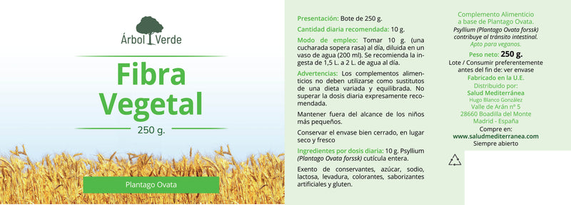 Etiqueta Fibra Vegetal (Plantago Ovata) - 250 g en Polvo . Árbol Verde. Herbolario Salud Mediterránea