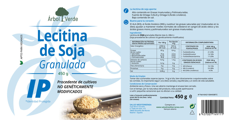 Etiqueta Lecitina de Soja IP Granulada - 450 g. Árbol Verde. Herbolario Salud Mediterránea