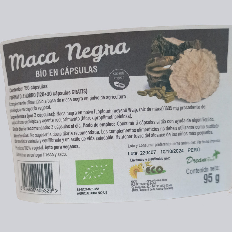 Etiqueta Maca Negra BIO - 150 Cápsulas. Dream Foods. Herbolario Salud Mediterranea