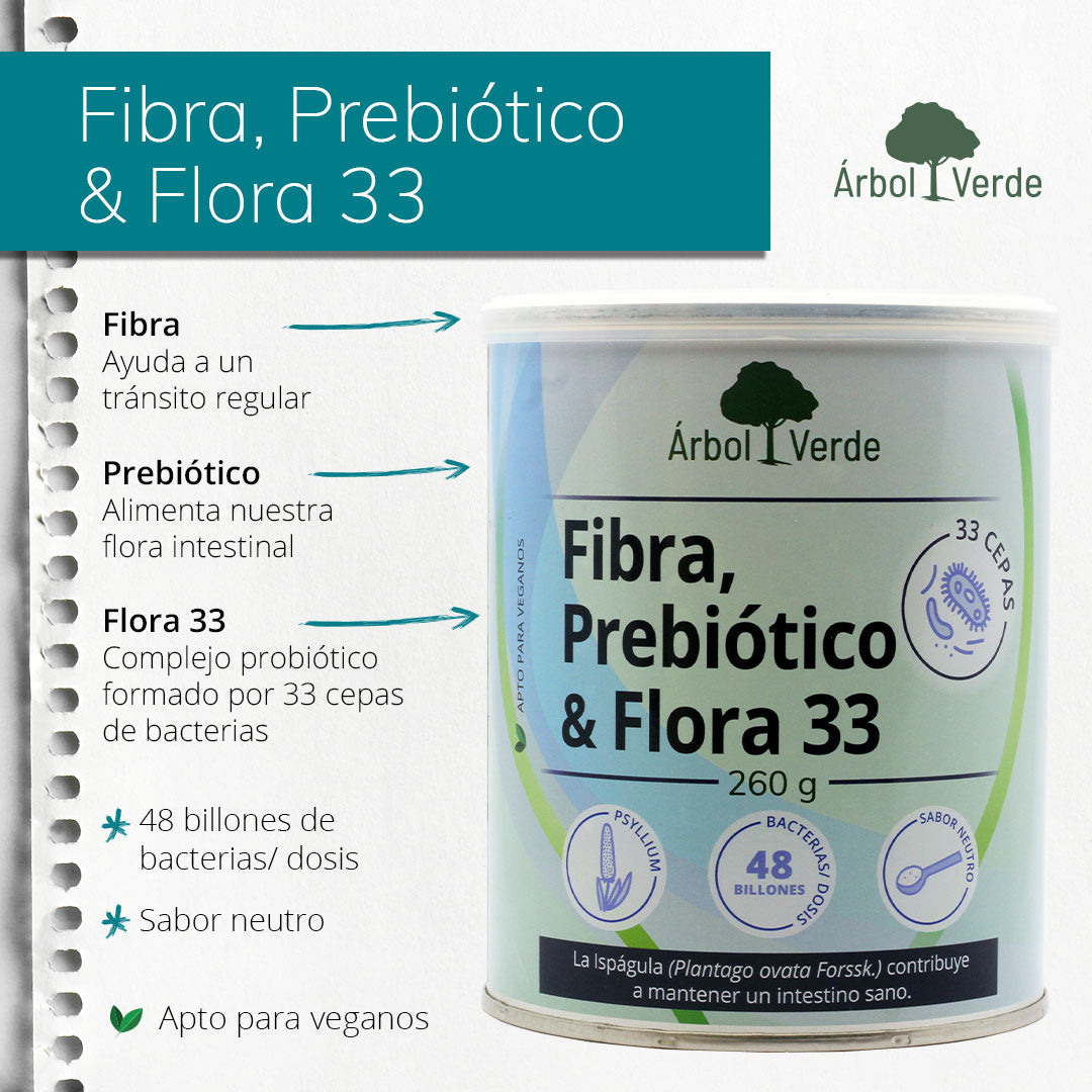 Monográfico  Fibra + Prebiótico & Flora 33 - 260g. Árbol Verde. Herbolario Salud Mediterránea