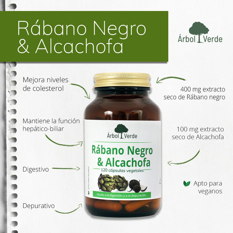 Monografico Rábano Negro & Alcachofa (Estandarizado) - 120 Cápsulas. Árbol Verde. Herbolario Salud Mediterránea